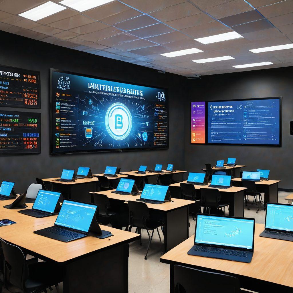 A futuristic classroom filled with diverse students engaging with advanced online test platforms on sleek laptops and tablets. Smart holographic tools floating above their desks display interactive graphs and real-time feedback. Bright, motivating colors enhance the atmosphere, with motivational quotes on walls. Include a digital scoreboard showcasing high performance. vibrant colors. 3D rendering.