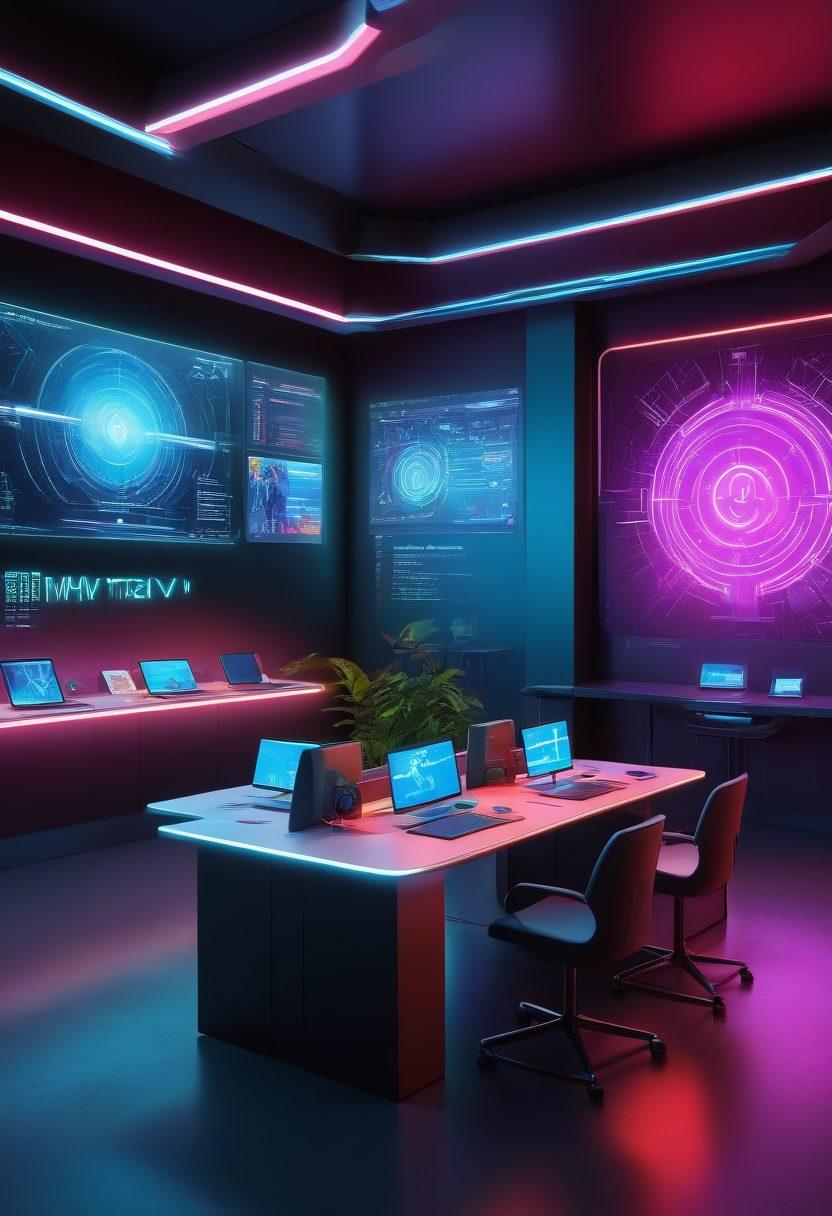 A futuristic classroom with holographic screens displaying virtual exam questions, students wearing VR headsets focused on their tasks, vibrant digital graphs illustrating assessments on the walls, a sense of collaboration and innovation in the air. bright colors. 3D. cyberpunk.