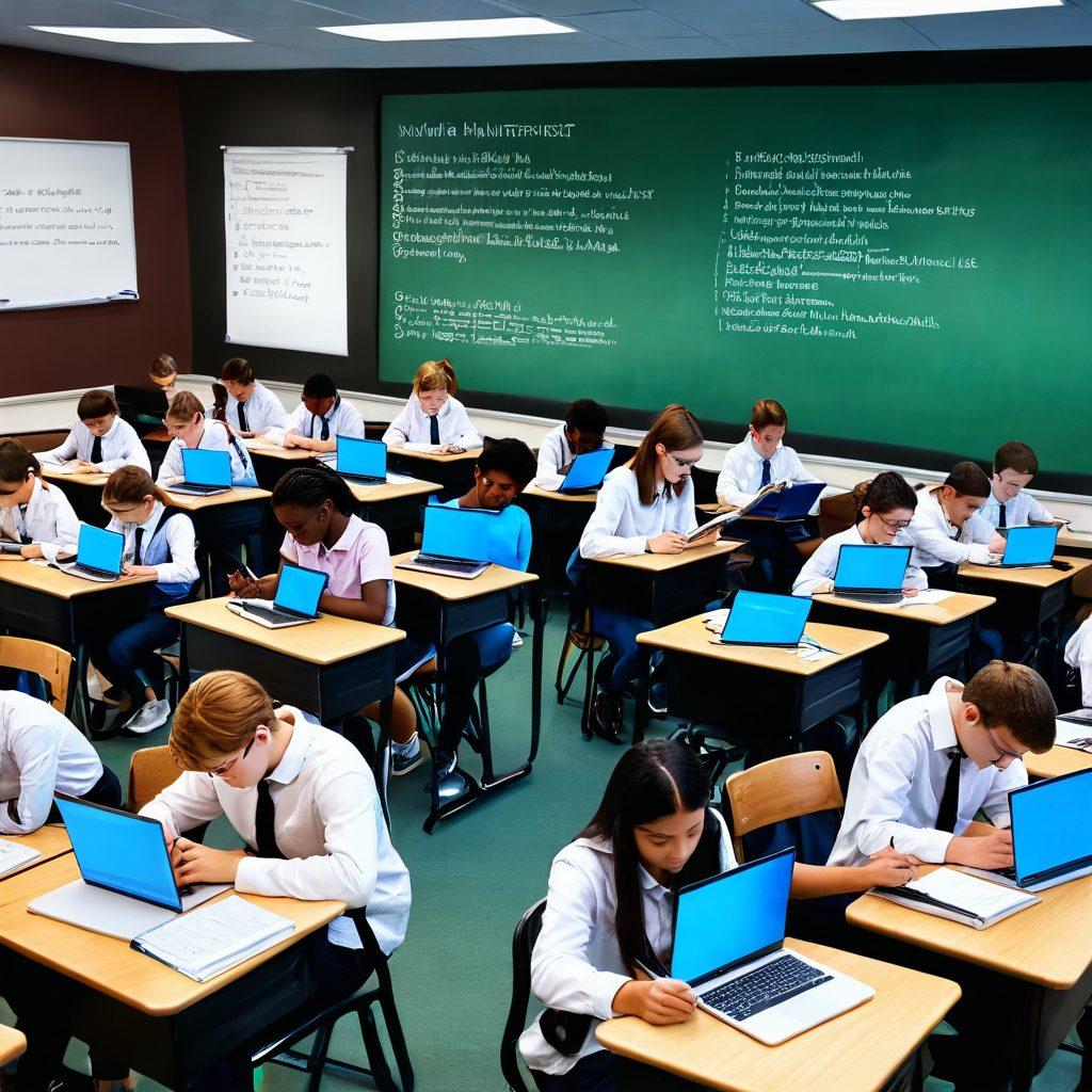 A split-image showcasing the evolution of exams: on the left side, a traditional classroom with wooden desks, students writing on paper, and a blackboard; on the right side, a modern digital classroom with students using laptops and tablets, virtual assessments projected on a screen. Include elements like a clock symbolizing time management and digital icons representing online assessments. vibrant colors. super-realistic.